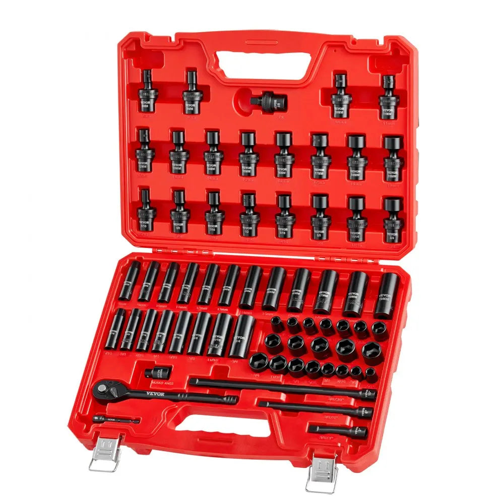VEVOR 67-Piece 3/8" Drive Impact Socket Set, SAE & Metric Deep and Shallow 6-Point Sockets with Swivel Sockets