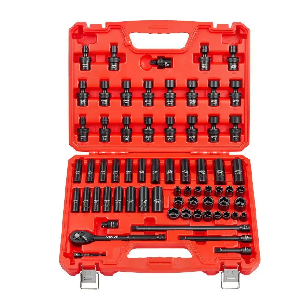 VEVOR 67-Piece 3/8" Drive Impact Socket Set, SAE & Metric Deep and Shallow 6-Point Sockets with Swivel Sockets