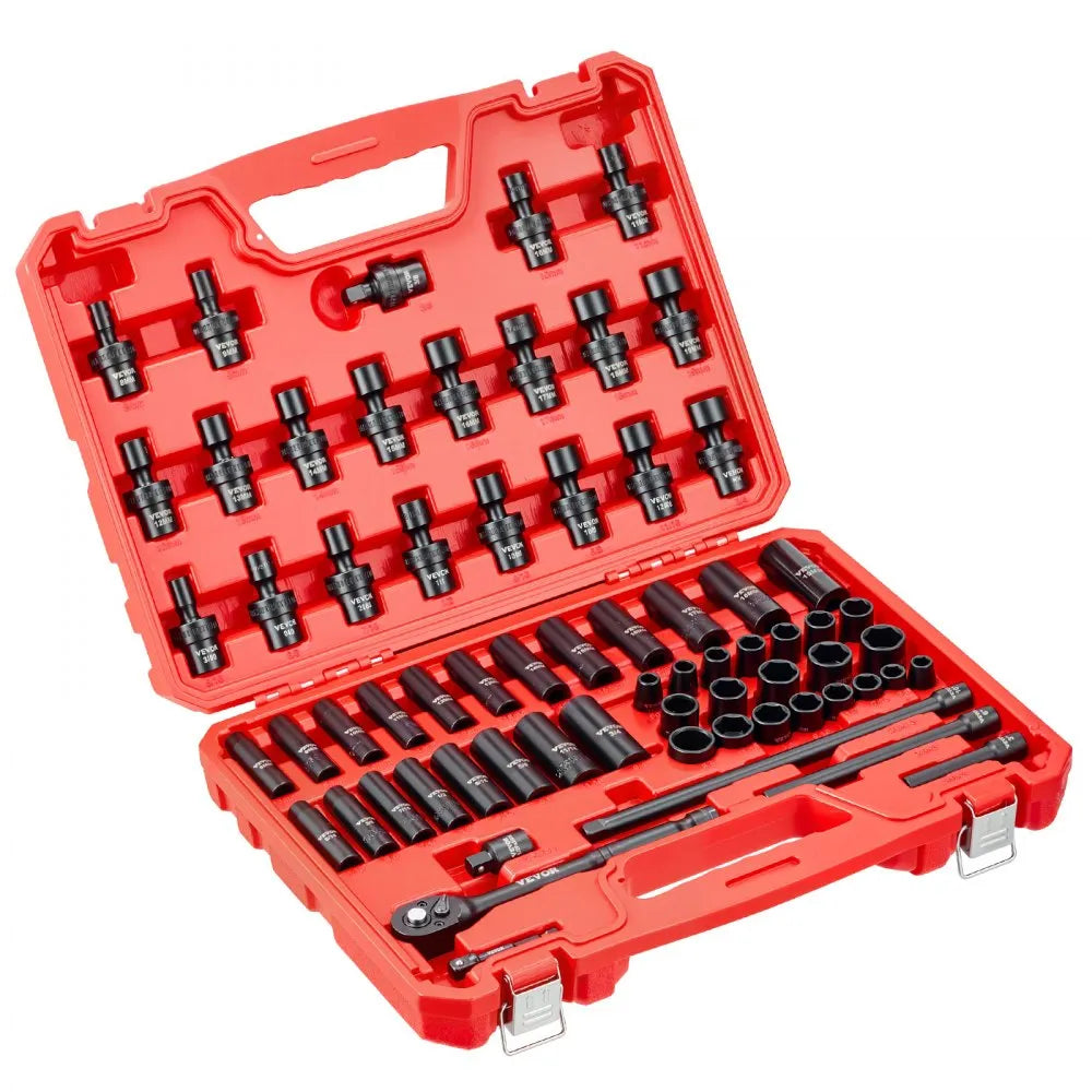 VEVOR 67-Piece 3/8" Drive Impact Socket Set, SAE & Metric Deep and Shallow 6-Point Sockets with Swivel Sockets