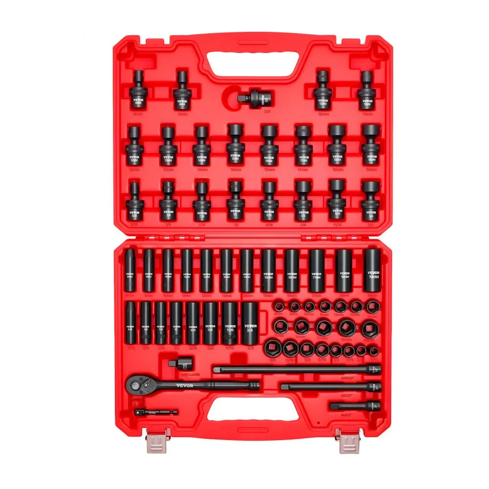 VEVOR 67-Piece 3/8" Drive Impact Socket Set, SAE & Metric Deep and Shallow 6-Point Sockets with Swivel Sockets