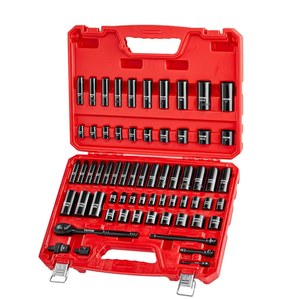 VEVOR 64-Piece 3/8" Drive Impact Socket Set, SAE & Metric 6-Point Deep & Shallow Sockets