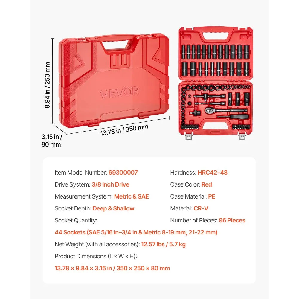 VEVOR 96-Piece 3/8" Drive Impact Socket Set, SAE & Metric Deep and Shallow 6-Point Sockets