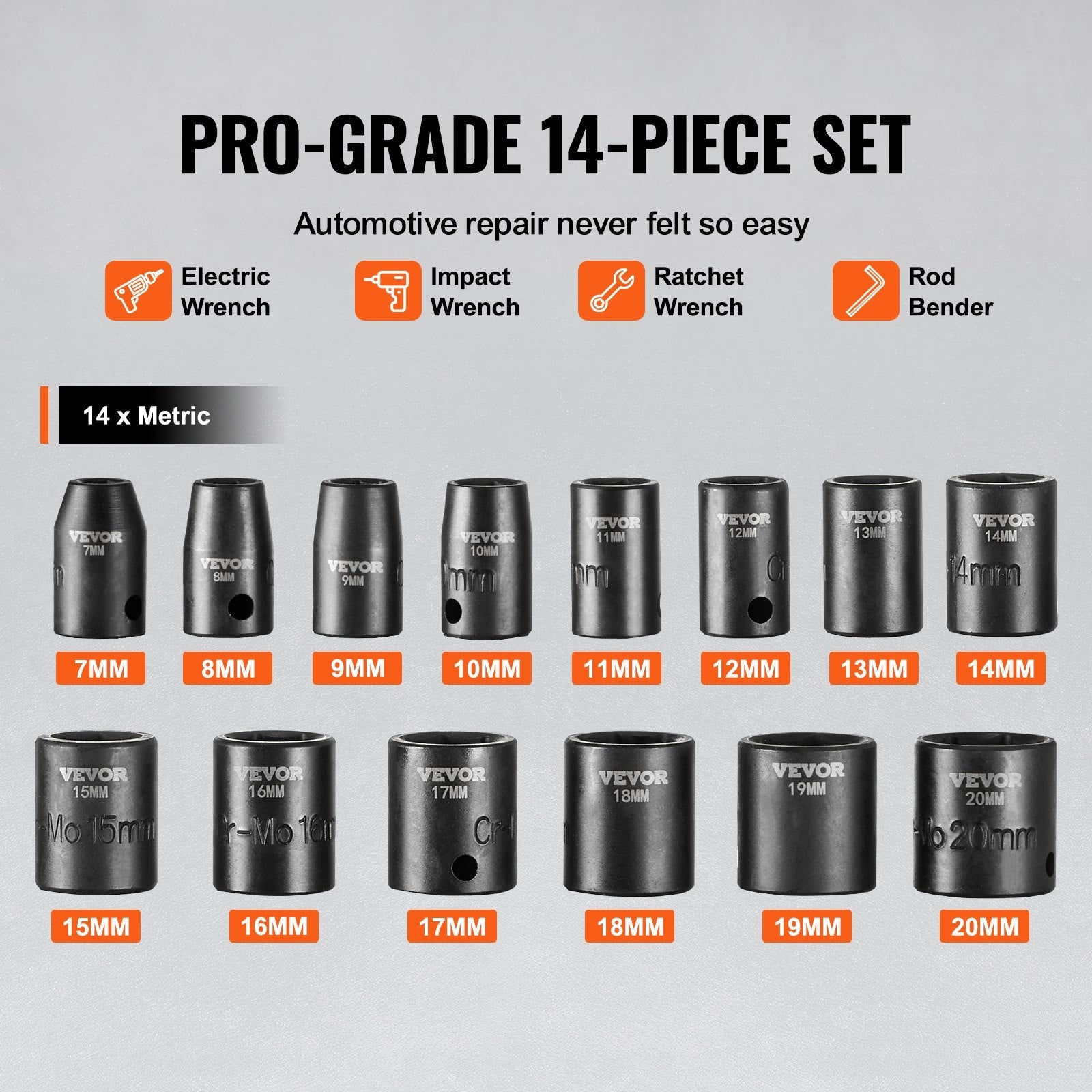 VEVOR Impact Sockets Set 14pcs 6-Point 3/8in Drive Bit Ratchet Tool Kit Case 