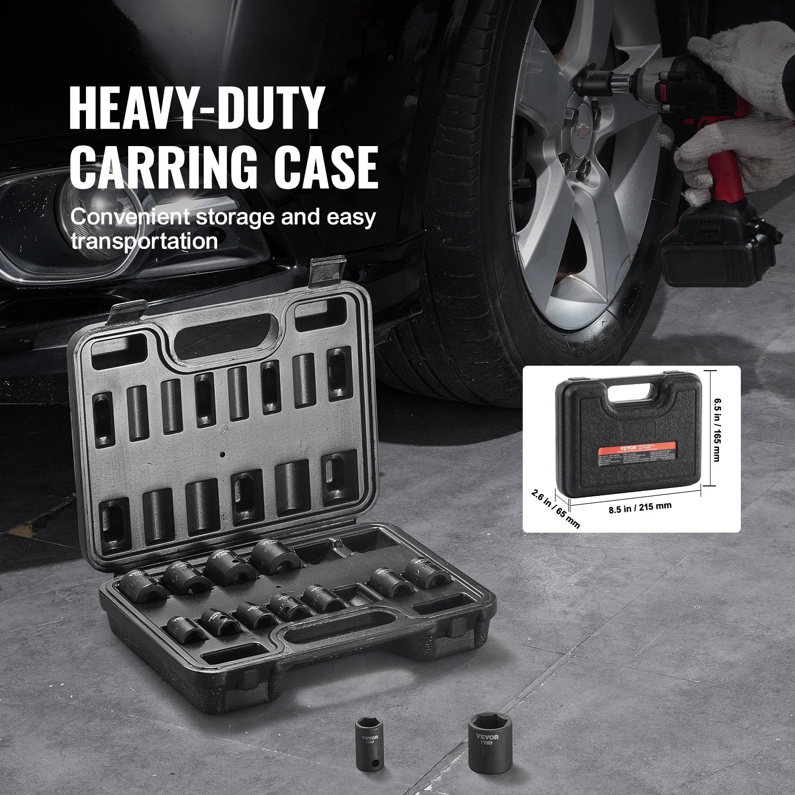 VEVOR Impact Sockets Set 14pcs 6-Point 3/8in Drive Bit Ratchet Tool Kit Case 