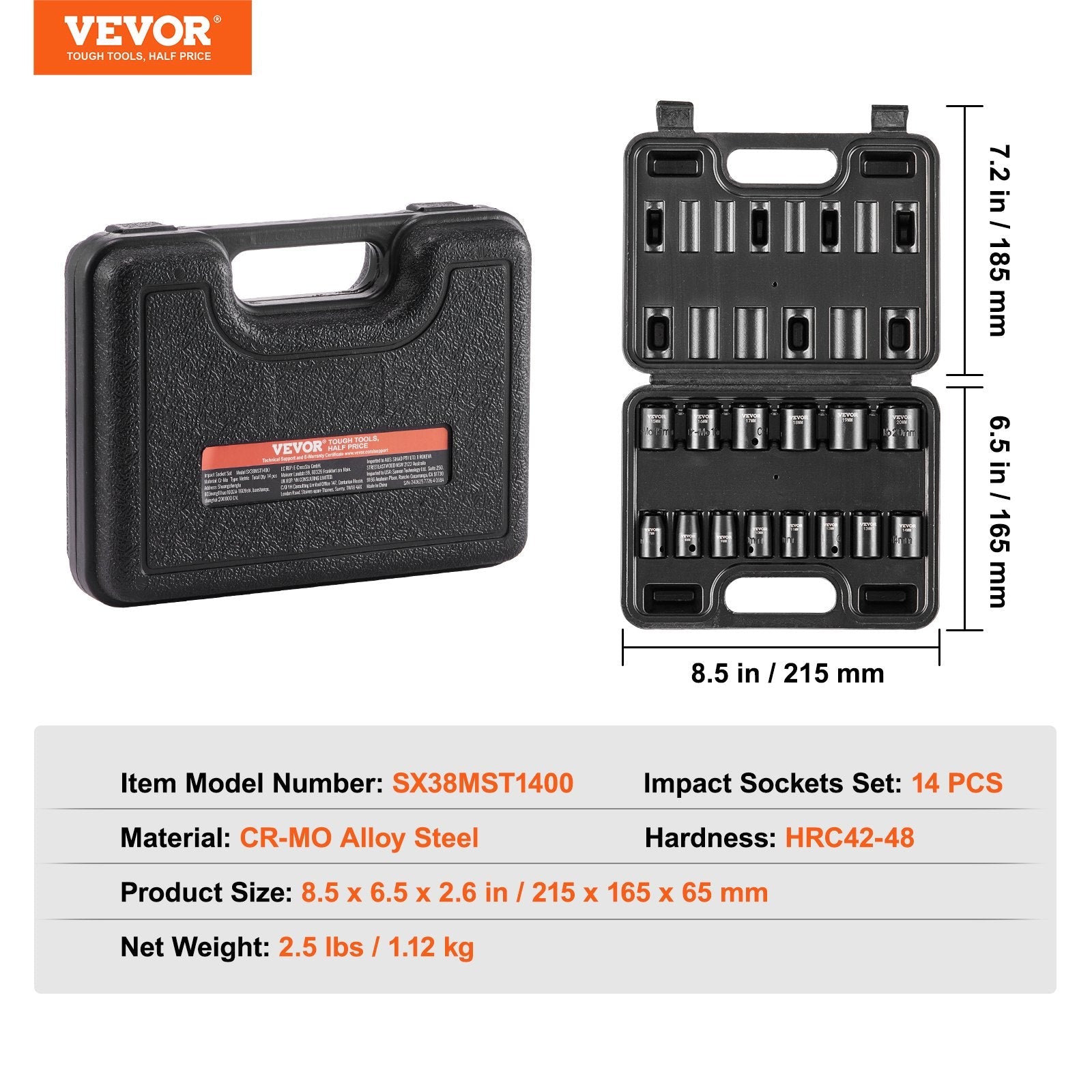 VEVOR Impact Sockets Set 14pcs 6-Point 3/8in Drive Bit Ratchet Tool Kit Case 