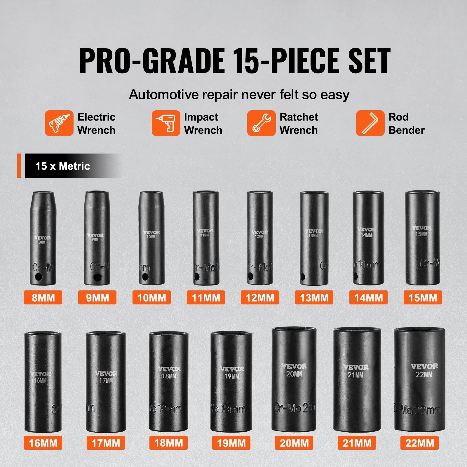 VEVOR Impact Sockets Set 15pcs 6-Point 3/8in Drive Bit Ratchet Tool Kit Case 