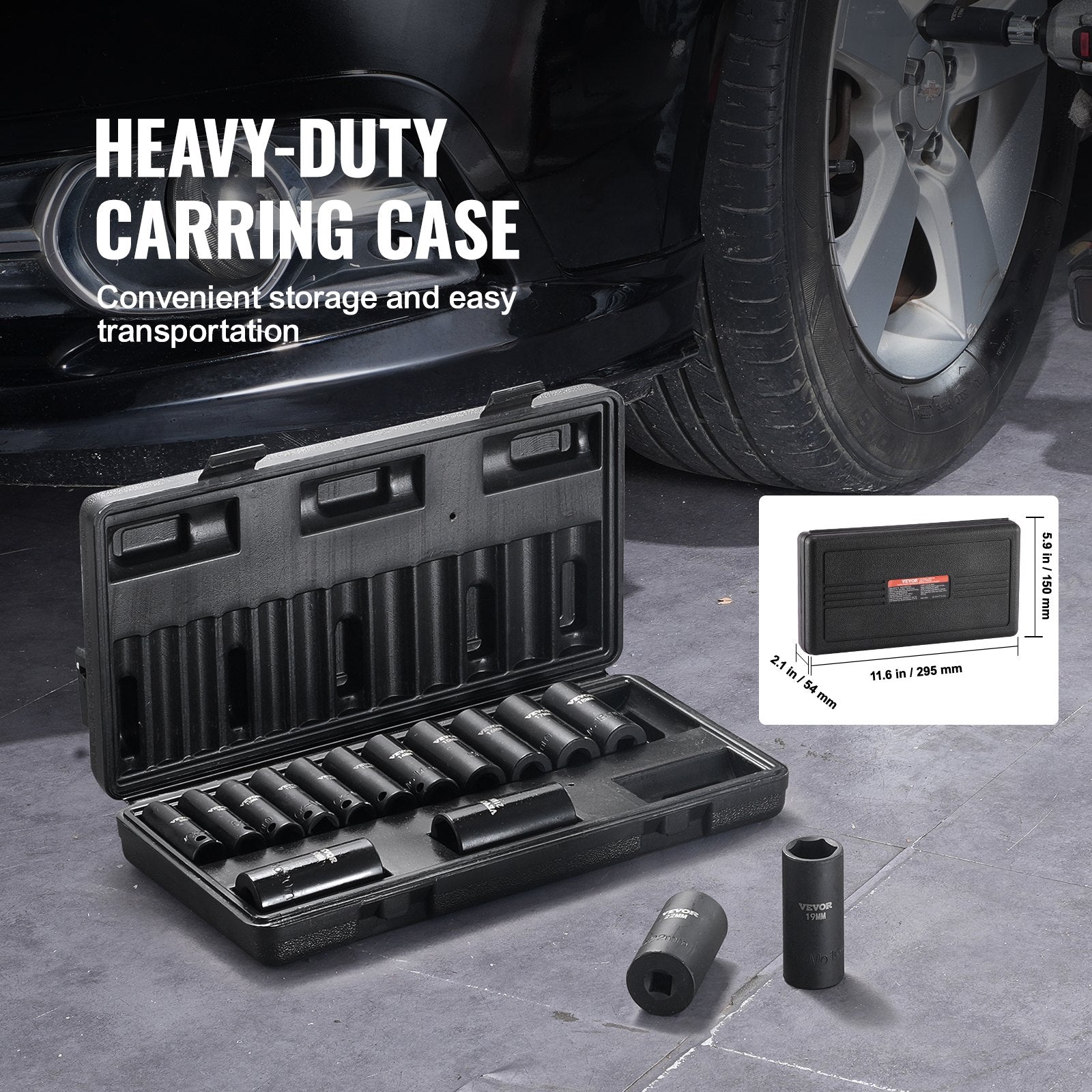VEVOR Impact Sockets Set 15pcs 6-Point 3/8in Drive Bit Ratchet Tool Kit Case 