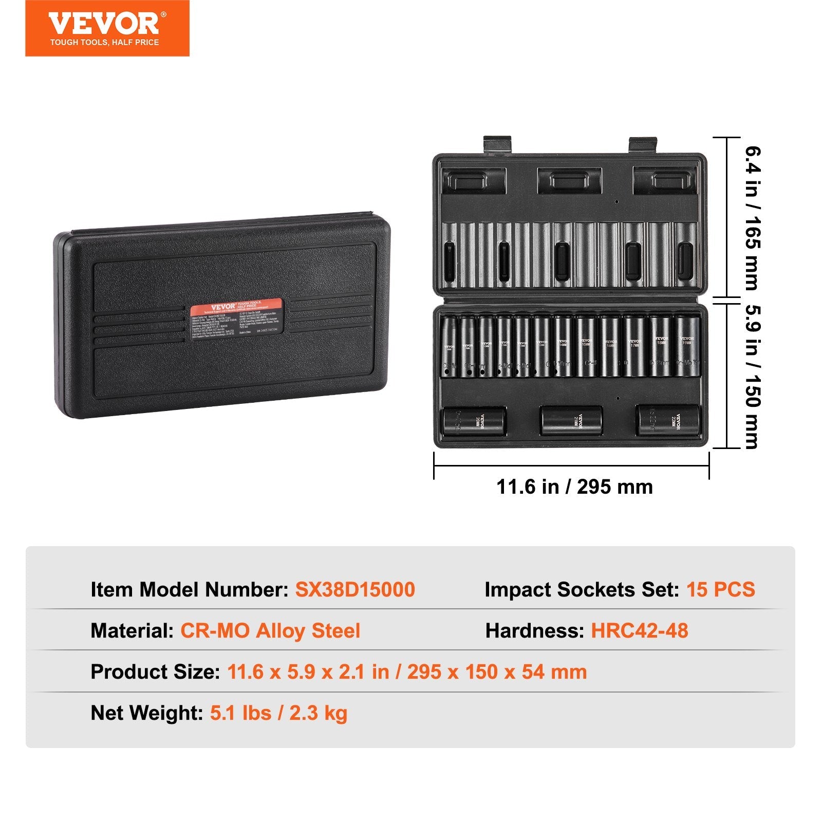 VEVOR Impact Sockets Set 15pcs 6-Point 3/8in Drive Bit Ratchet Tool Kit Case 