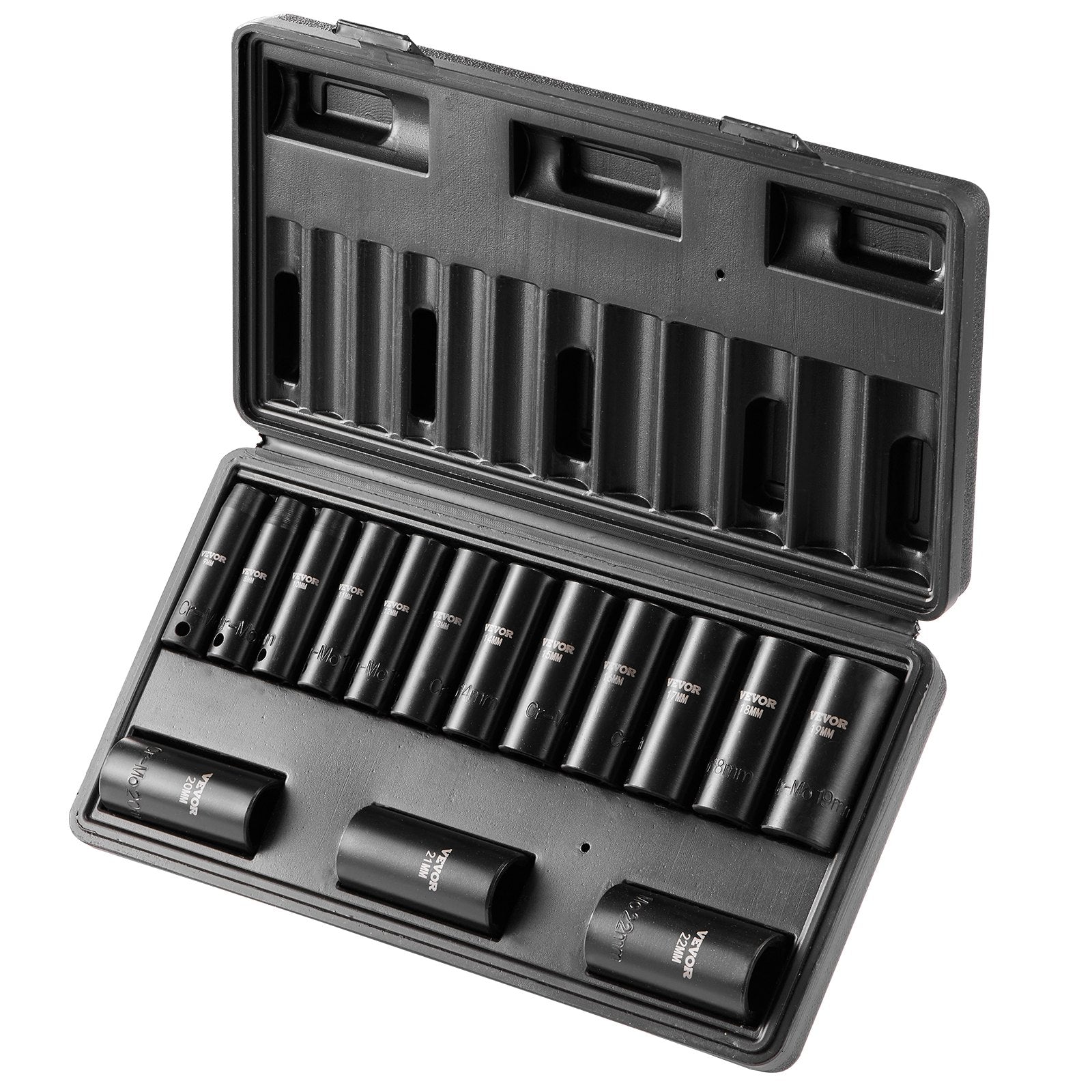 VEVOR Impact Sockets Set 15pcs 6-Point 3/8in Drive Bit Ratchet Tool Kit Case 
