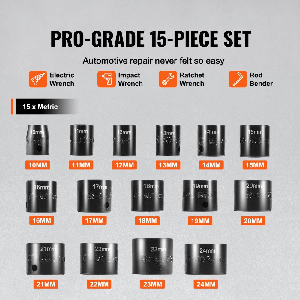 VEVOR Impact Sockets Set 15pcs 6-Point 3/8" Drive Bit Ratchet Tool Kit Case 