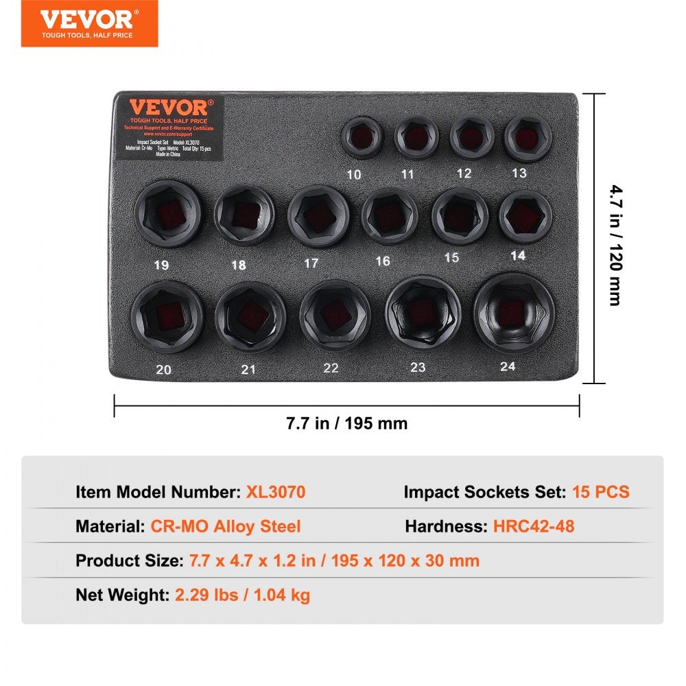 VEVOR Impact Sockets Set 15pcs 6-Point 3/8" Drive Bit Ratchet Tool Kit Case 