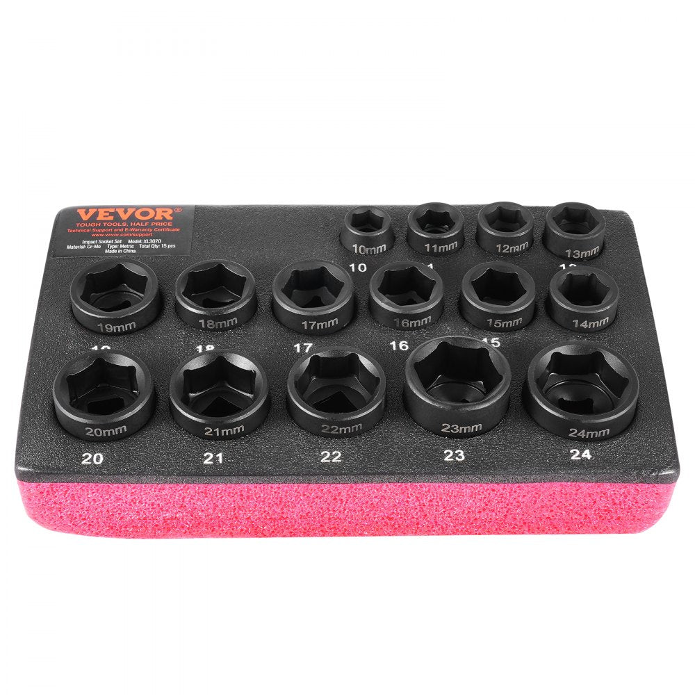 VEVOR Impact Sockets Set 15pcs 6-Point 3/8" Drive Bit Ratchet Tool Kit Case 
