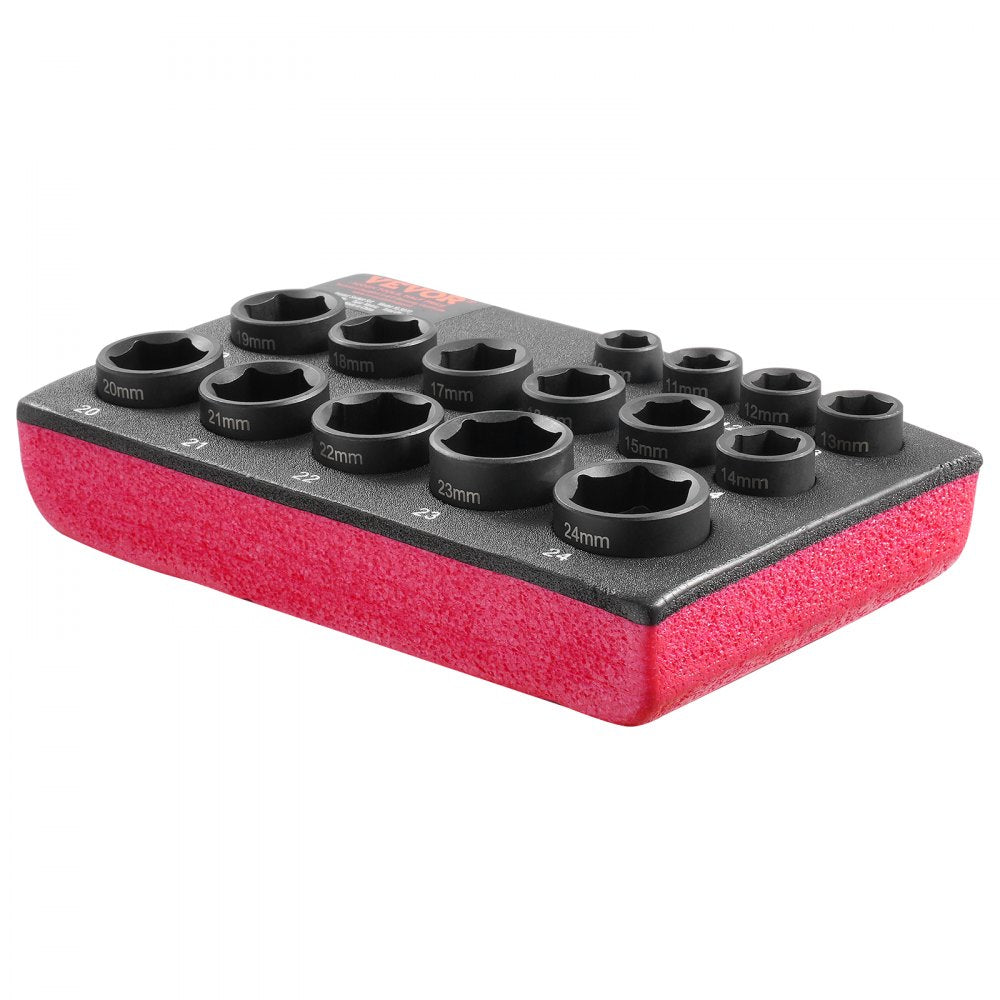 VEVOR Impact Sockets Set 15pcs 6-Point 3/8" Drive Bit Ratchet Tool Kit Case 