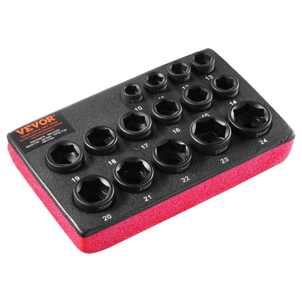 VEVOR Impact Sockets Set 15pcs 6-Point 3/8" Drive Bit Ratchet Tool Kit Case 
