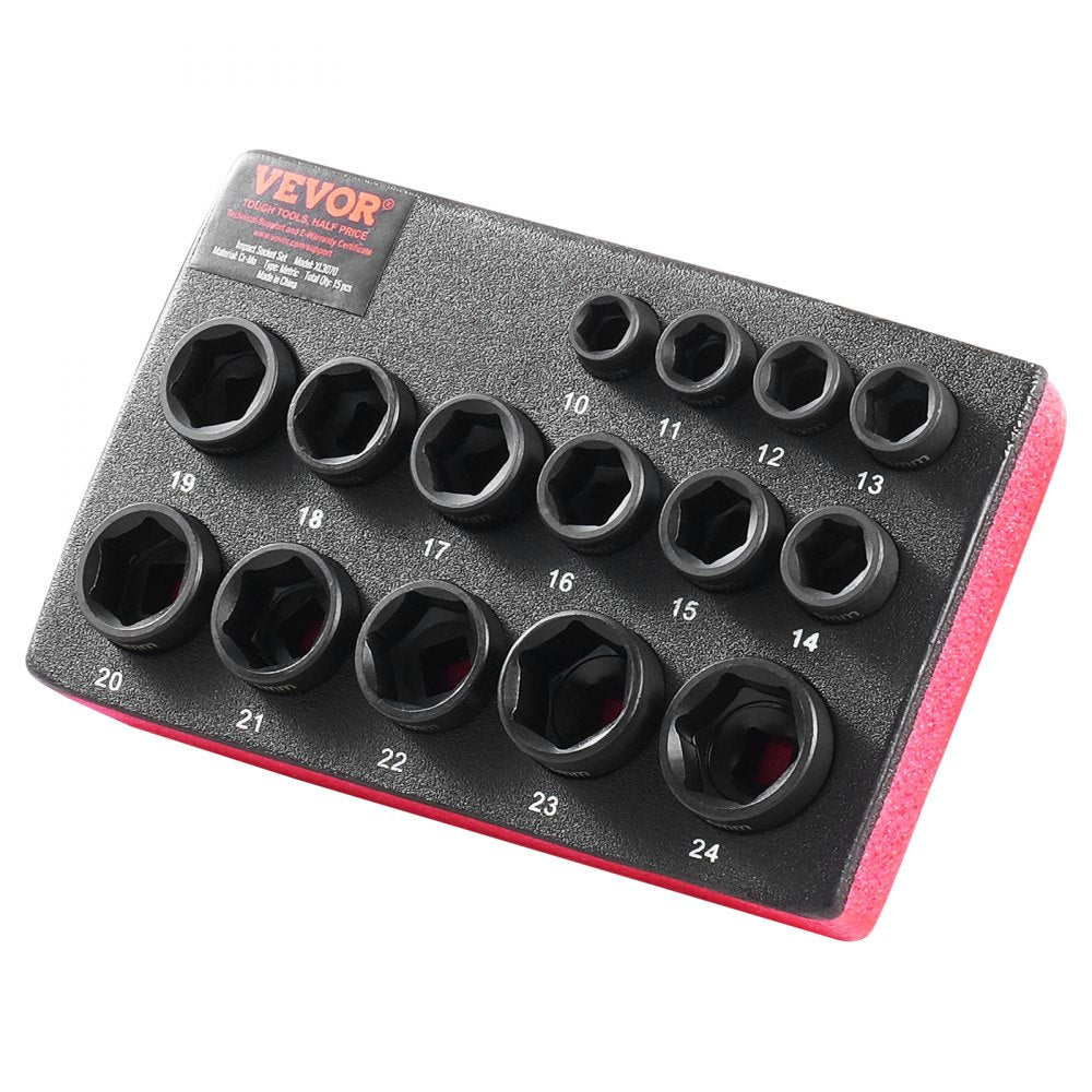 VEVOR Impact Sockets Set 15pcs 6-Point 3/8" Drive Bit Ratchet Tool Kit Case 