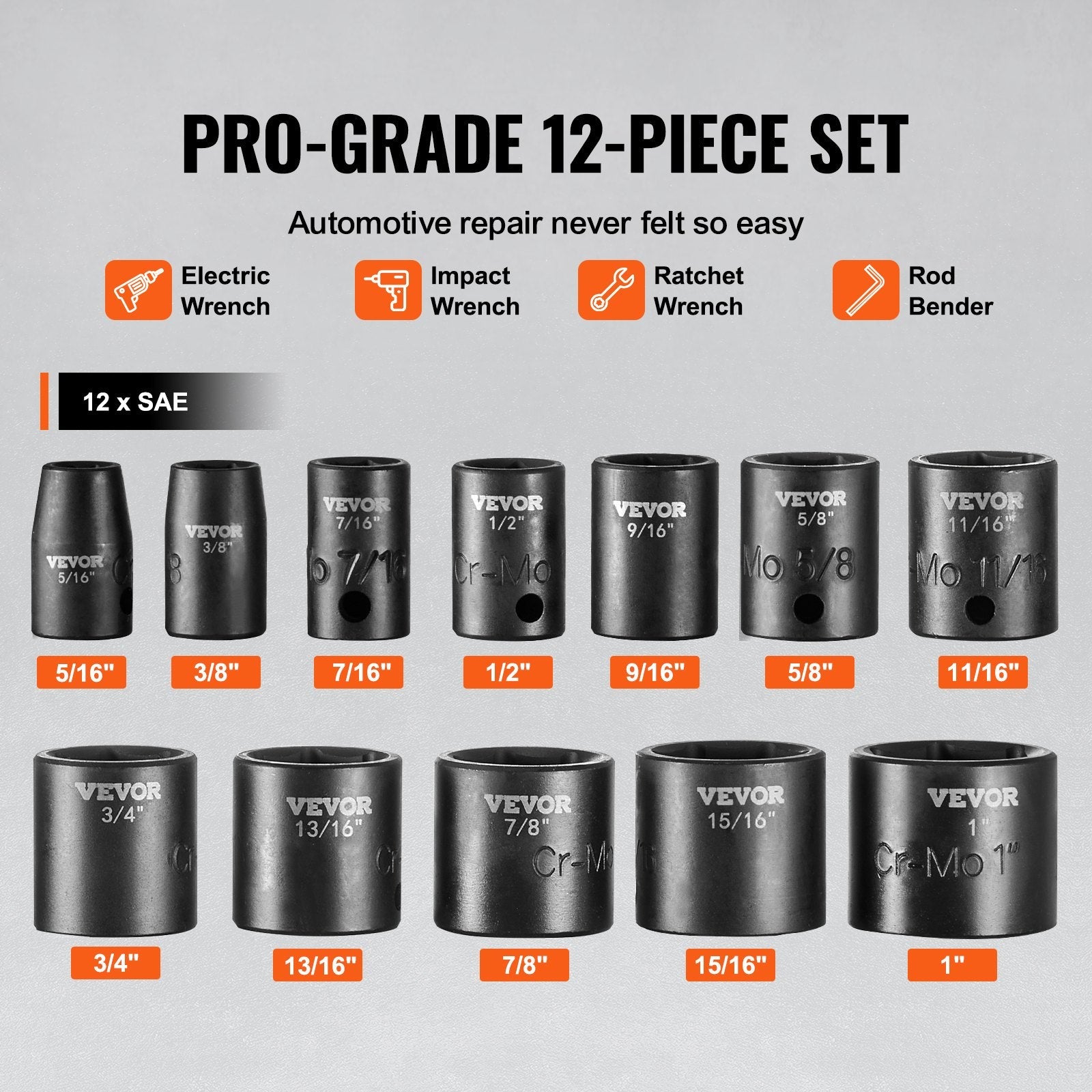 VEVOR Impact Sockets Set 12pcs 6-Point 3/8in Drive Bit Ratchet Tool Kit Case 