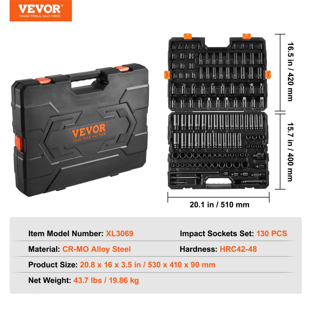 VEVOR Impact Sockets Set 130PCS 6-Point 3/8" & 1/2" Drive Bit Ratchet Tool Kit 