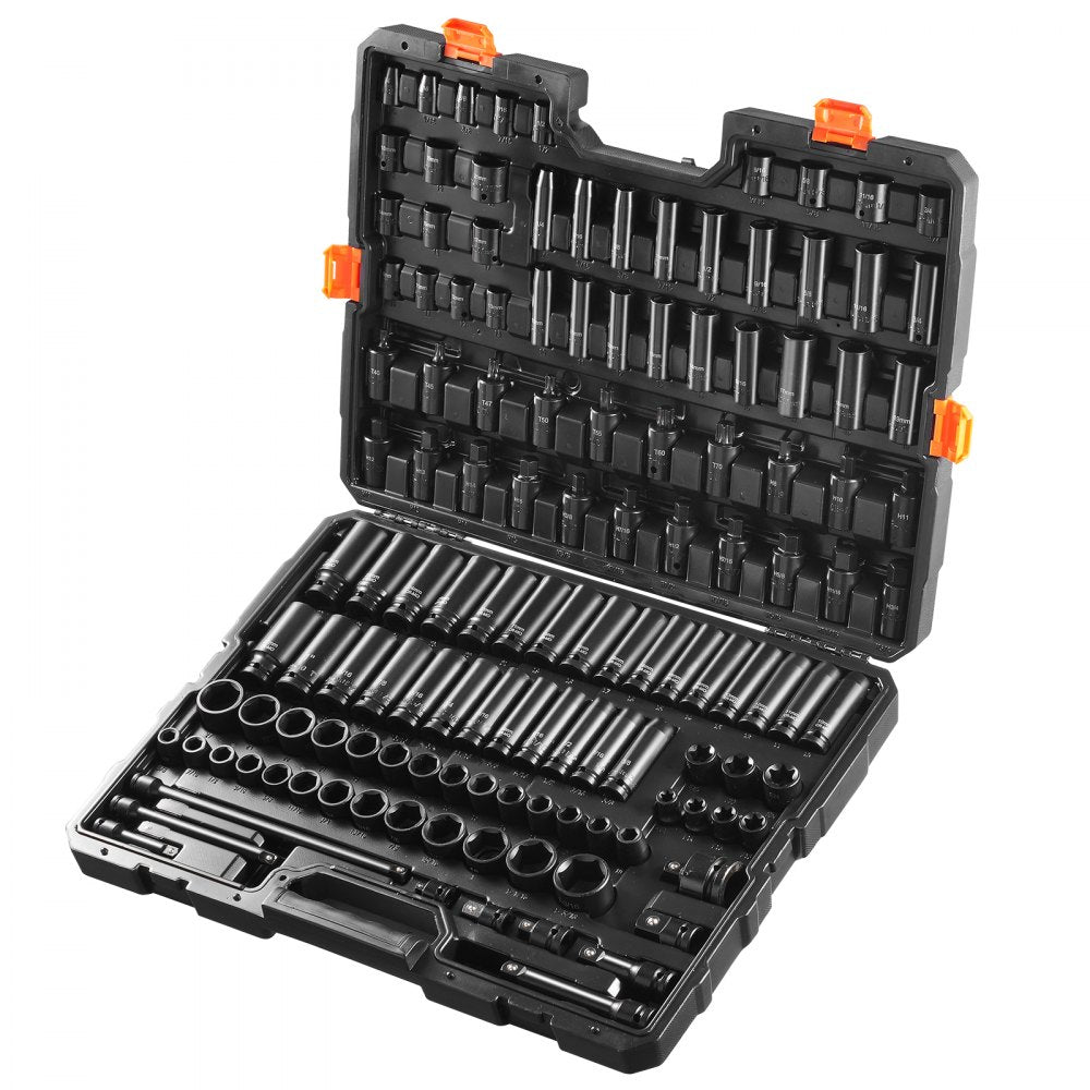 VEVOR Impact Sockets Set 130PCS 6-Point 3/8" & 1/2" Drive Bit Ratchet Tool Kit 