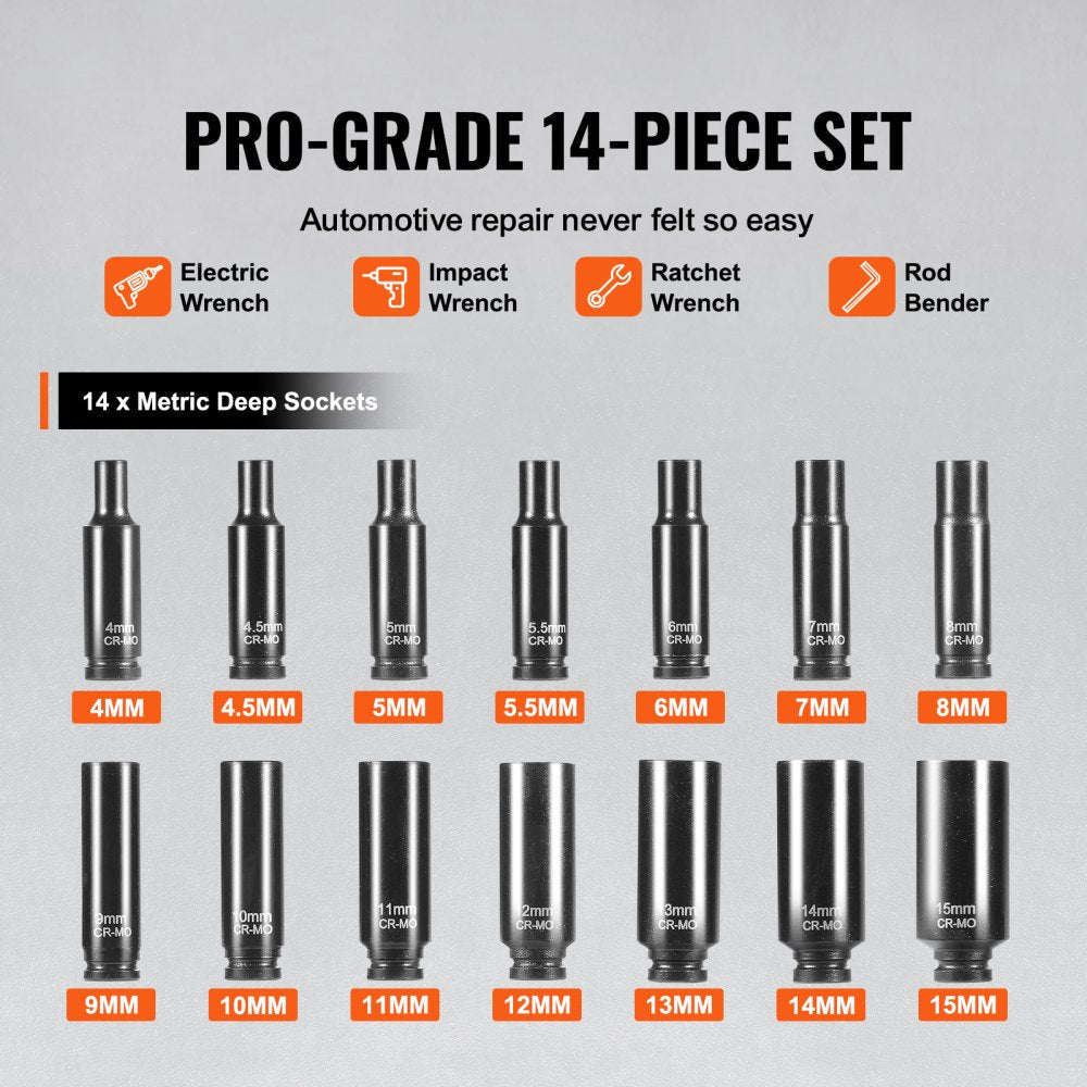 VEVOR Impact Sockets Set 14PCS 6-Point 1/4" Deep Socket Set Metric 4-15mm Cr-Mo 