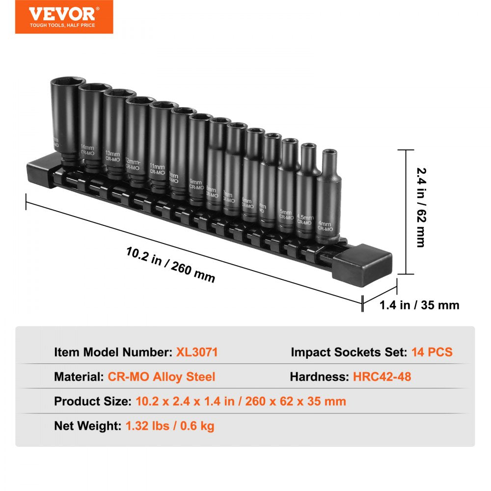 VEVOR Impact Sockets Set 14PCS 6-Point 1/4" Deep Socket Set Metric 4-15mm Cr-Mo 