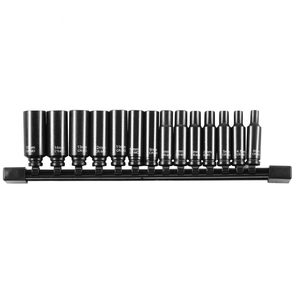 VEVOR Impact Sockets Set 14PCS 6-Point 1/4" Deep Socket Set Metric 4-15mm Cr-Mo 