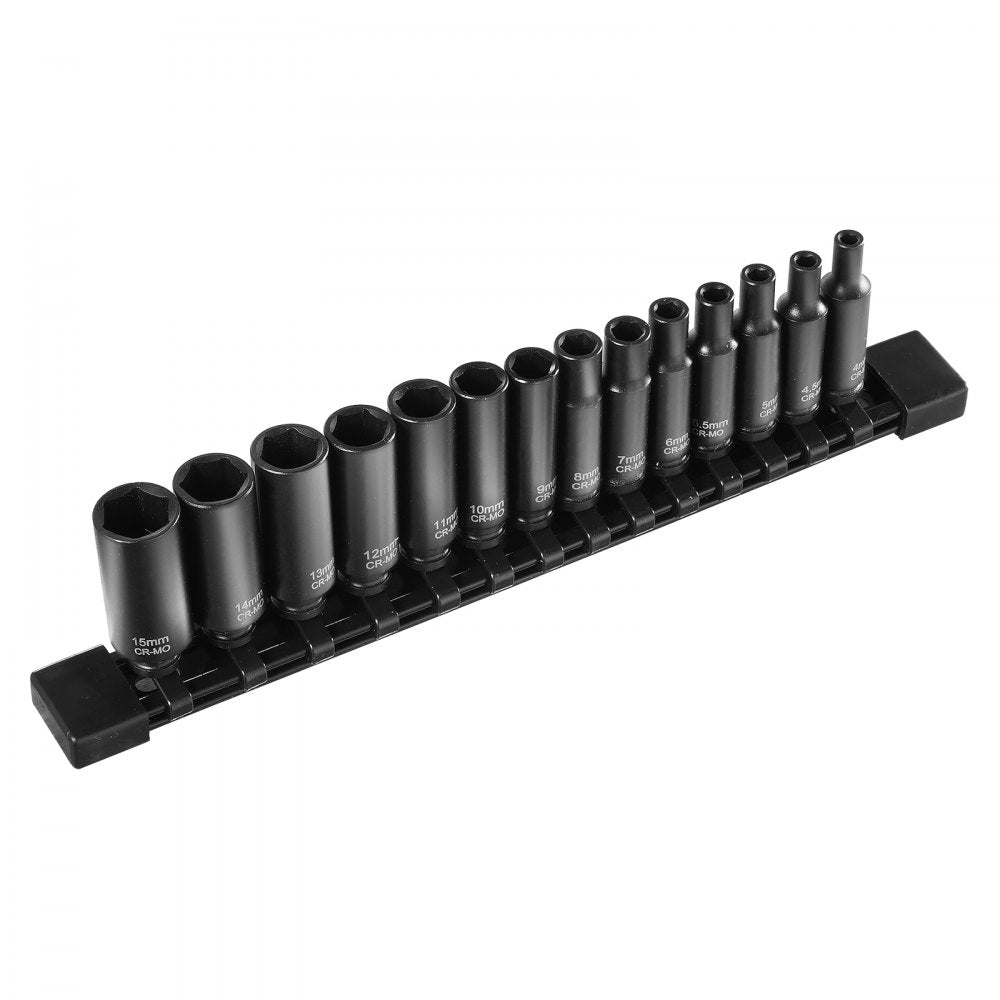 VEVOR Impact Sockets Set 14PCS 6-Point 1/4" Deep Socket Set Metric 4-15mm Cr-Mo 