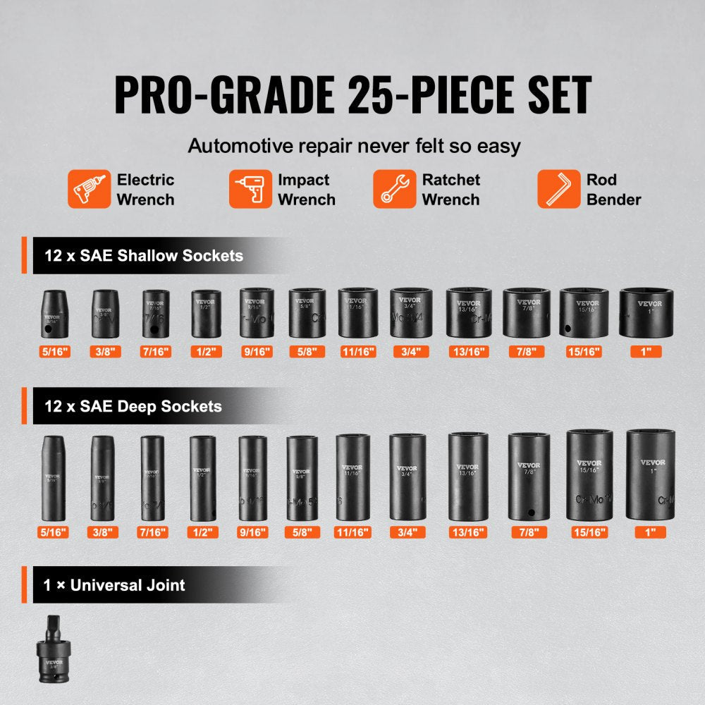 VEVOR Impact Sockets Set 25pcs 6-Point 3/8in Drive Bit Ratchet Tool Kit Case 