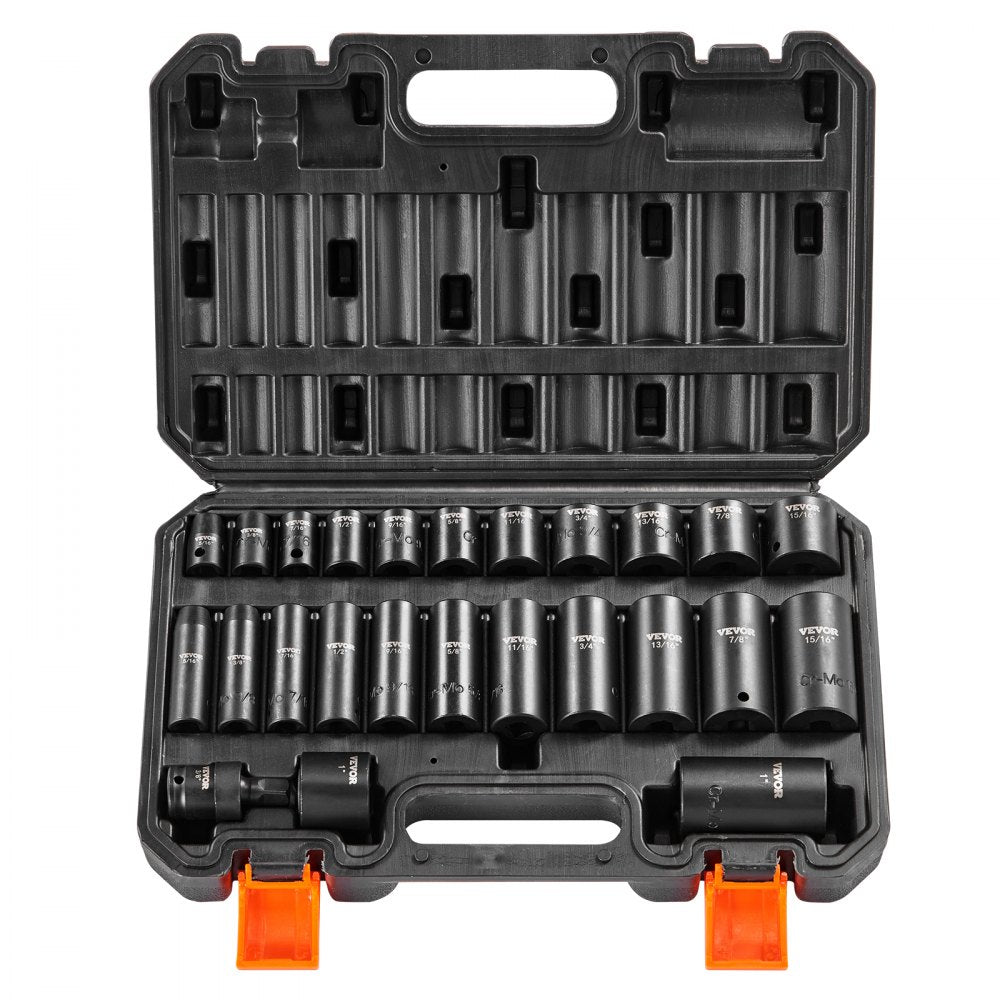 VEVOR Impact Sockets Set 25pcs 6-Point 3/8in Drive Bit Ratchet Tool Kit Case 