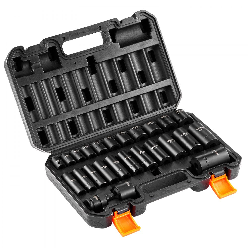 VEVOR Impact Sockets Set 25pcs 6-Point 3/8in Drive Bit Ratchet Tool Kit Case 