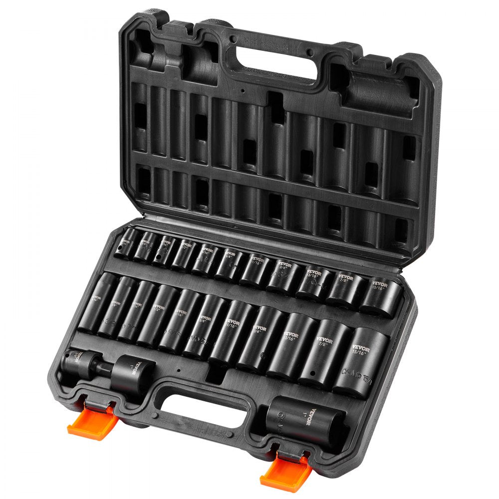 VEVOR Impact Sockets Set 25pcs 6-Point 3/8in Drive Bit Ratchet Tool Kit Case 