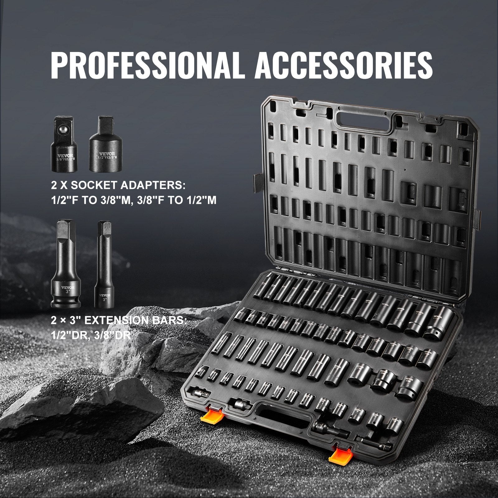 VEVOR Impact Sockets Set 59pcs 6-Point 3/8" & 1/2" Drive Bit Ratchet Tool Kit 