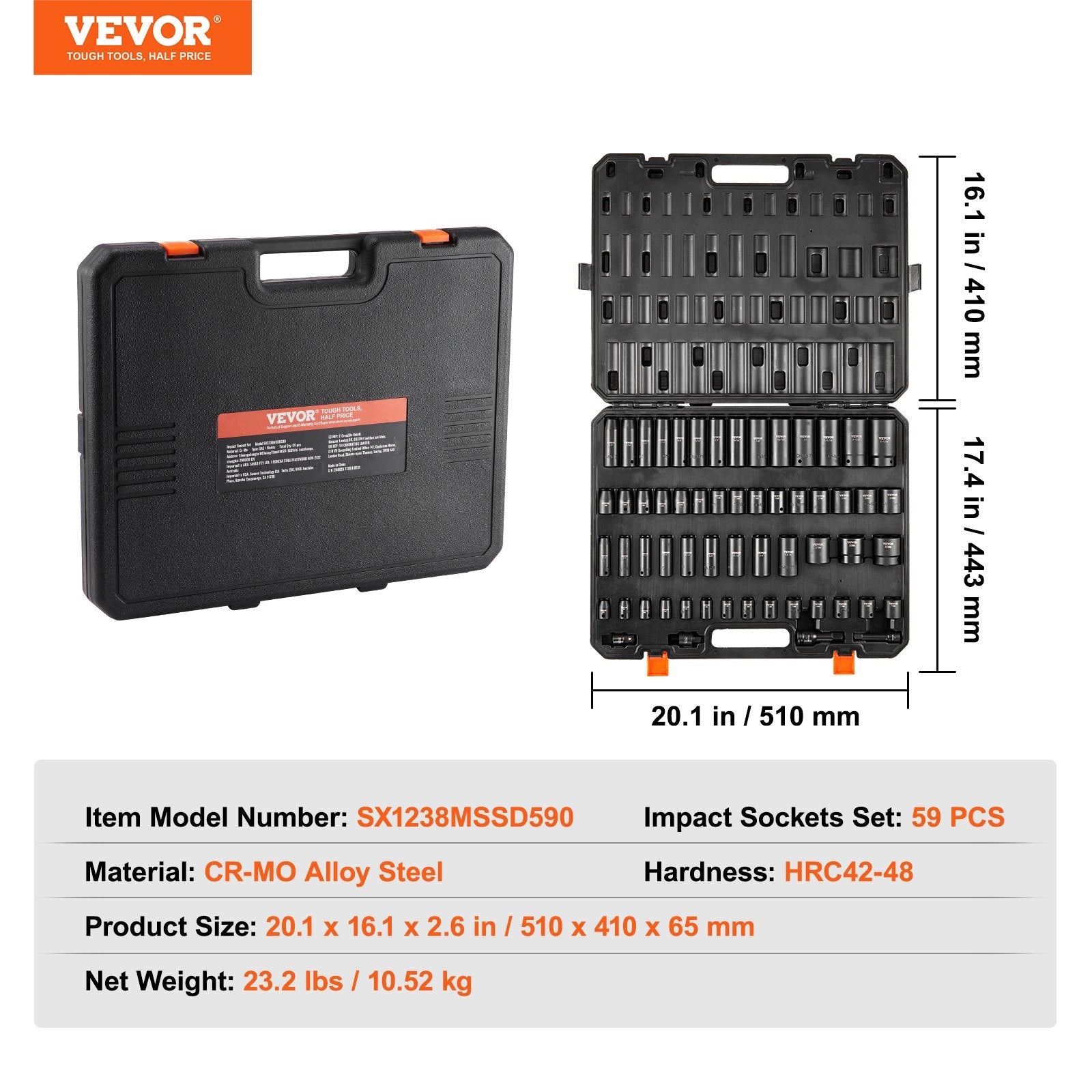 VEVOR Impact Sockets Set 59pcs 6-Point 3/8" & 1/2" Drive Bit Ratchet Tool Kit 