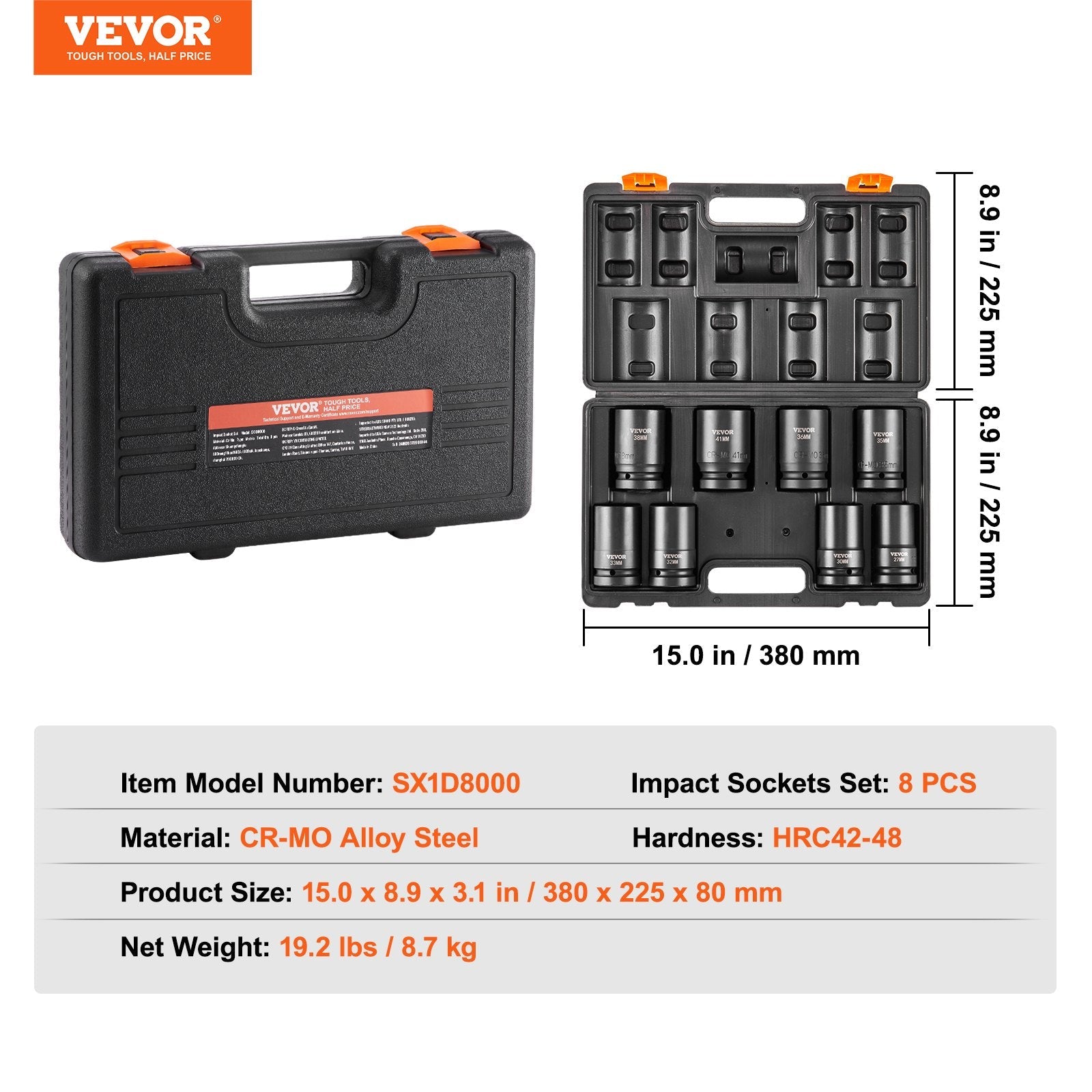 VEVOR Impact Sockets Set 8pcs 6-Point 1" Drive Bit Ratchet Tool Kit Case 