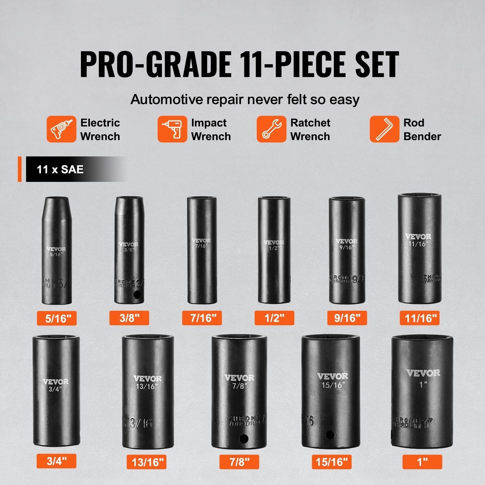 VEVOR Impact Sockets Set 11pcs 6-Point 3/8in Drive Bit Ratchet Tool Kit Case 