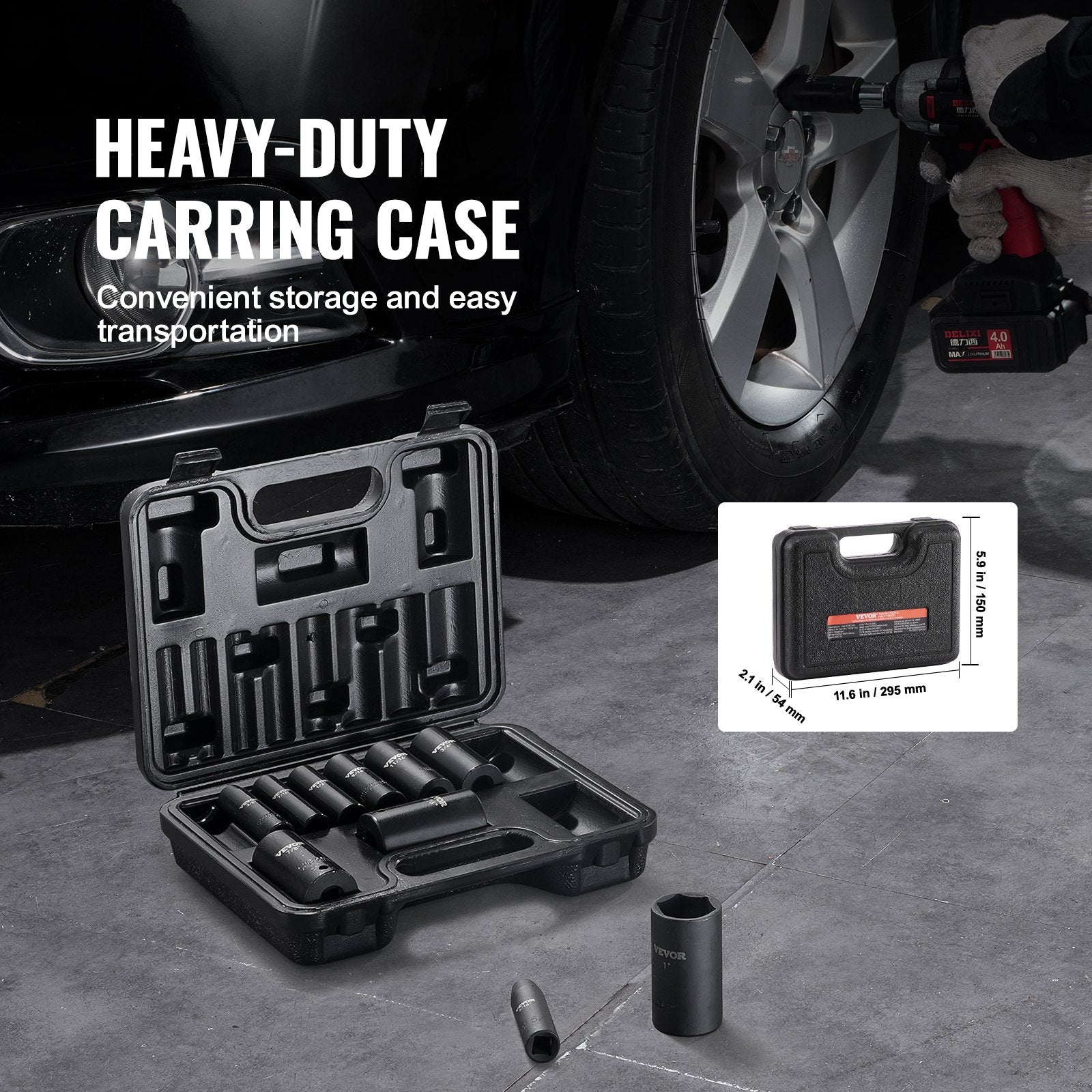 VEVOR Impact Sockets Set 11pcs 6-Point 3/8in Drive Bit Ratchet Tool Kit Case 