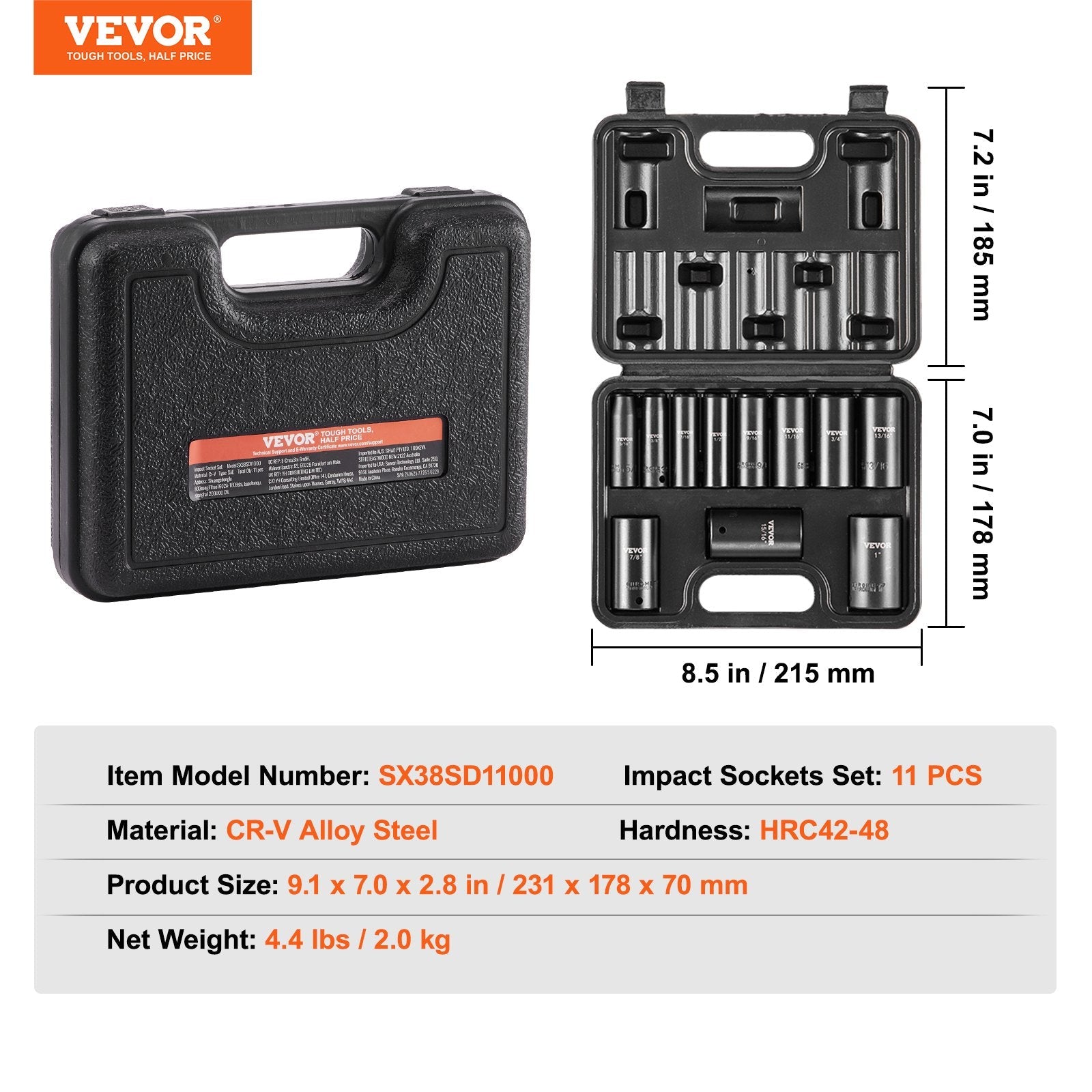 VEVOR Impact Sockets Set 11pcs 6-Point 3/8in Drive Bit Ratchet Tool Kit Case 