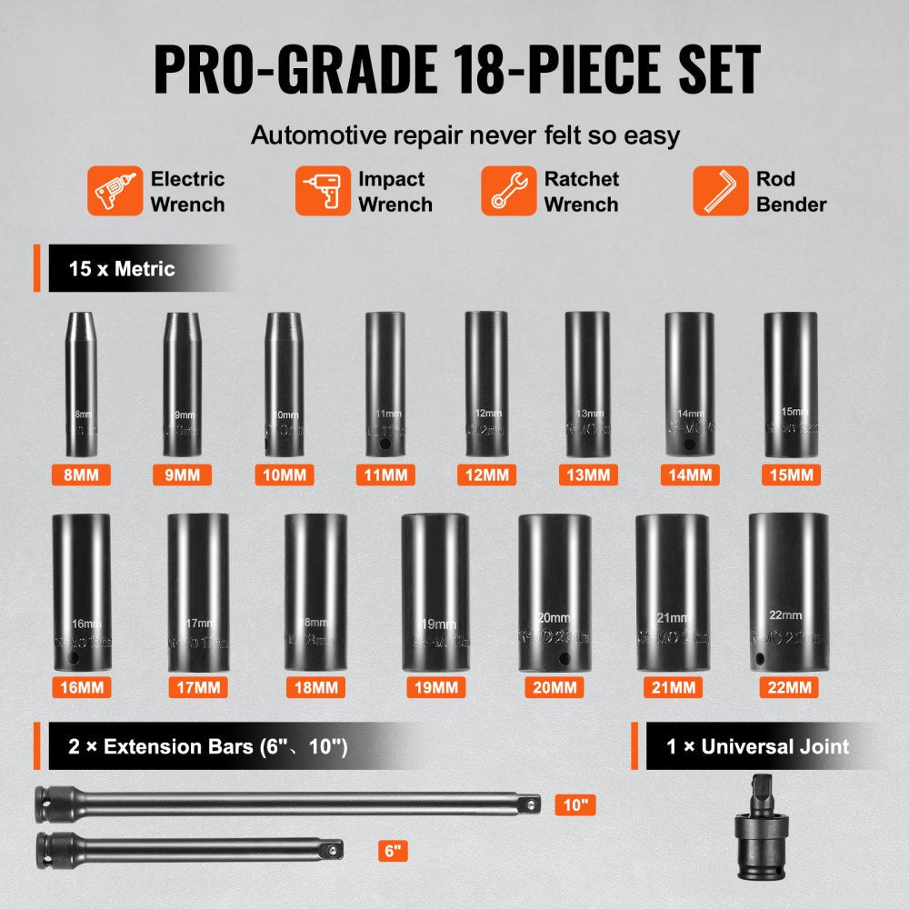 VEVOR Impact Sockets Set 18pcs 6-Point 3/8" Drive Bit Ratchet Tool Kit Case 