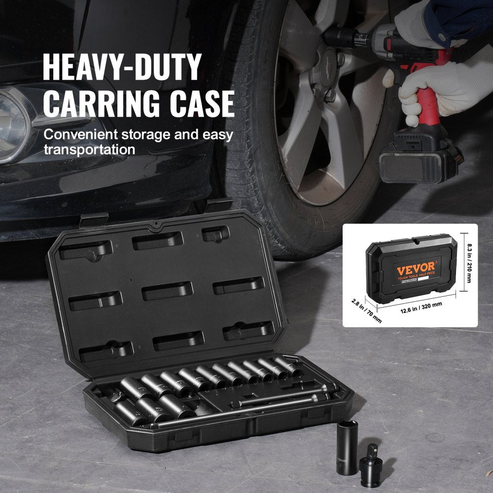VEVOR Impact Sockets Set 18pcs 6-Point 3/8" Drive Bit Ratchet Tool Kit Case 