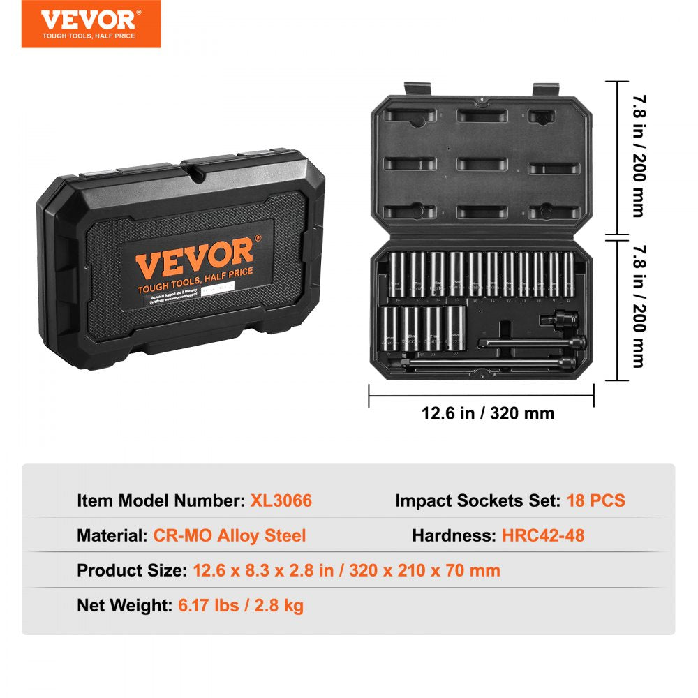 VEVOR Impact Sockets Set 18pcs 6-Point 3/8" Drive Bit Ratchet Tool Kit Case 