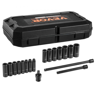 VEVOR Impact Sockets Set 18pcs 6-Point 3/8" Drive Bit Ratchet Tool Kit Case 
