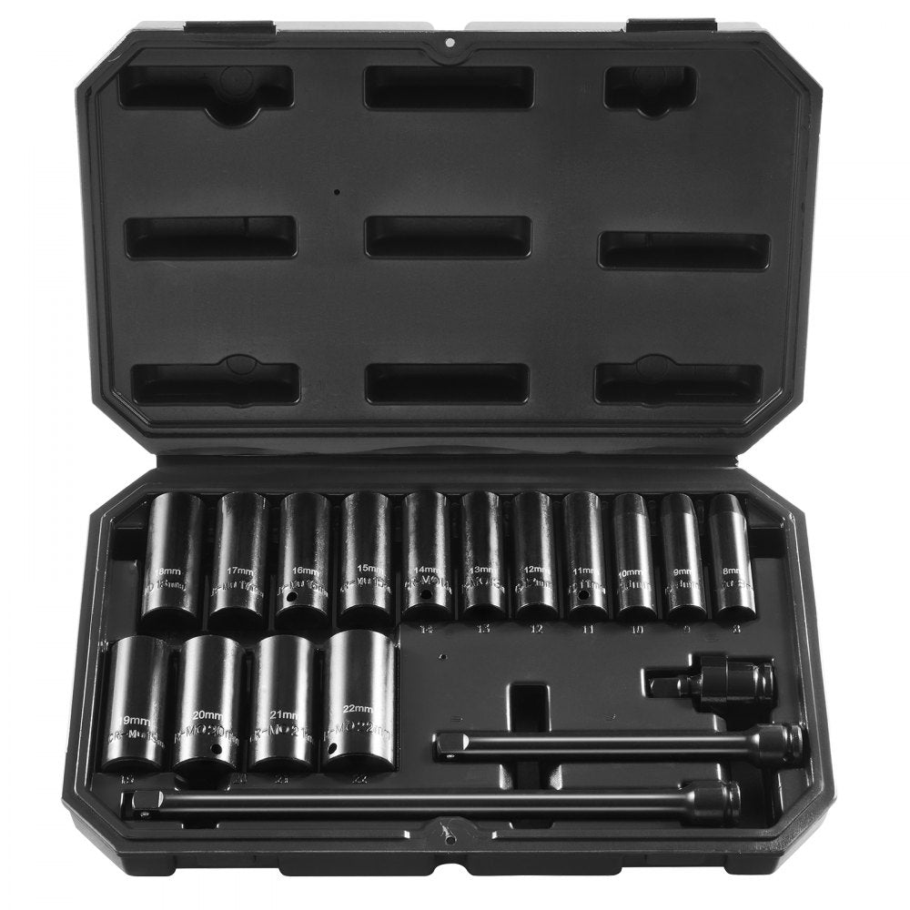 VEVOR Impact Sockets Set 18pcs 6-Point 3/8" Drive Bit Ratchet Tool Kit Case 