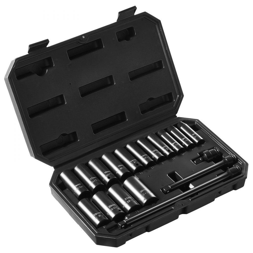 VEVOR Impact Sockets Set 18pcs 6-Point 3/8" Drive Bit Ratchet Tool Kit Case 