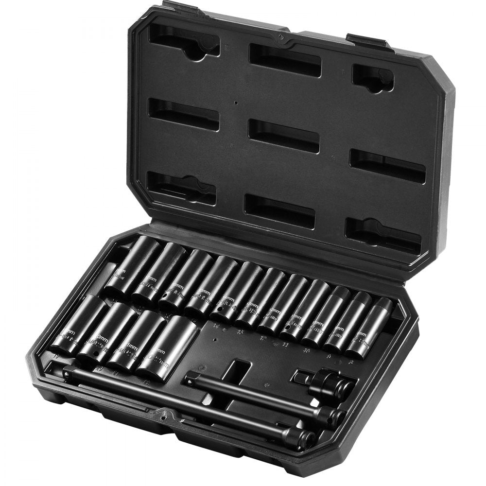 VEVOR Impact Sockets Set 18pcs 6-Point 3/8" Drive Bit Ratchet Tool Kit Case 