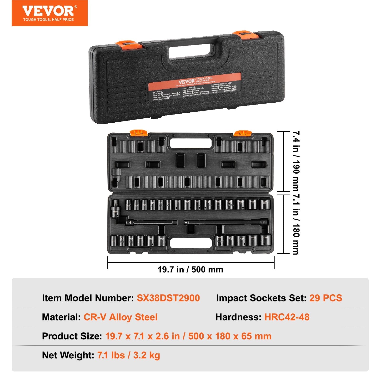 VEVOR Impact Sockets Set 29pcs 6-Point 3/8in Drive Bit Ratchet Tool Kit Case 