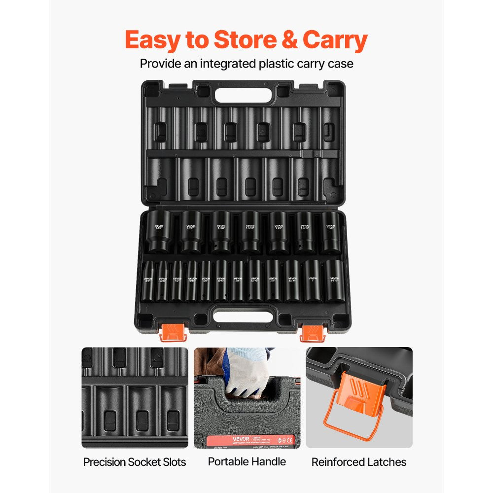 1/2" Drive Impact Socket Set, 19-Piece Deep Impact Socket Set, 6-Point Cr-V Alloy Steel Sockets, SAE Sizes 3/8" to 1-1/2", Heavy-Duty Storage Case Included
