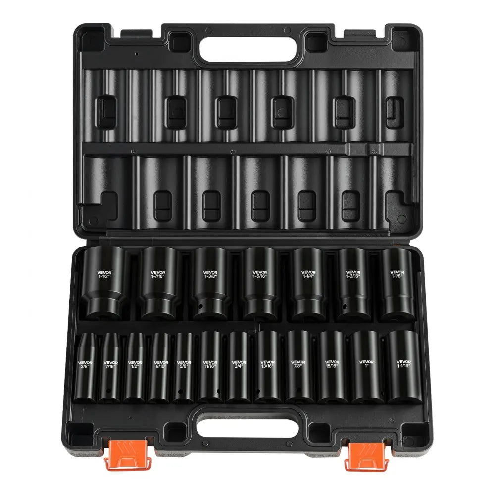 1/2" Drive Impact Socket Set, 19-Piece Deep Impact Socket Set, 6-Point Cr-V Alloy Steel Sockets, SAE Sizes 3/8" to 1-1/2", Heavy-Duty Storage Case Included