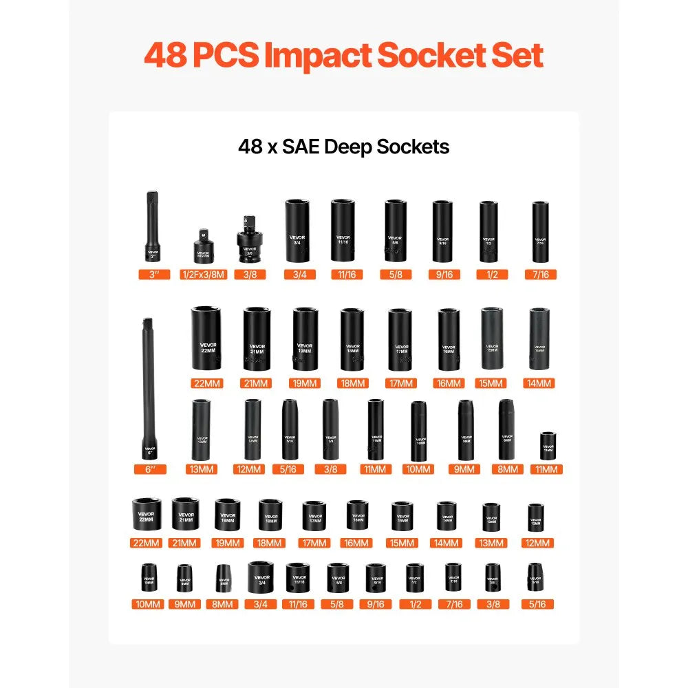 VEVOR 48-Piece 3/8" Drive Impact Socket Set, SAE & Metric 6-Point Sockets with Storage Cage