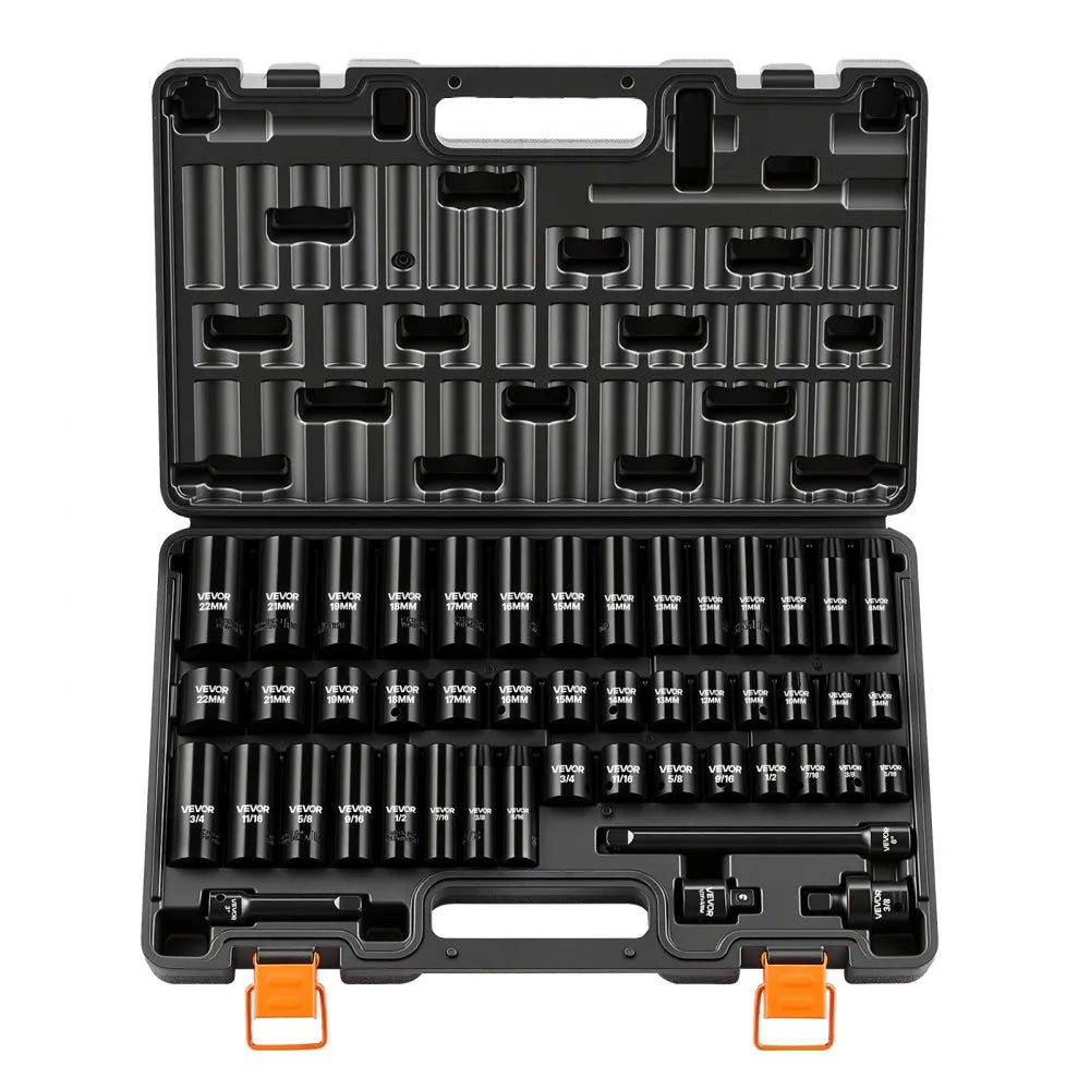 VEVOR 48-Piece 3/8" Drive Impact Socket Set, SAE & Metric 6-Point Sockets with Storage Cage