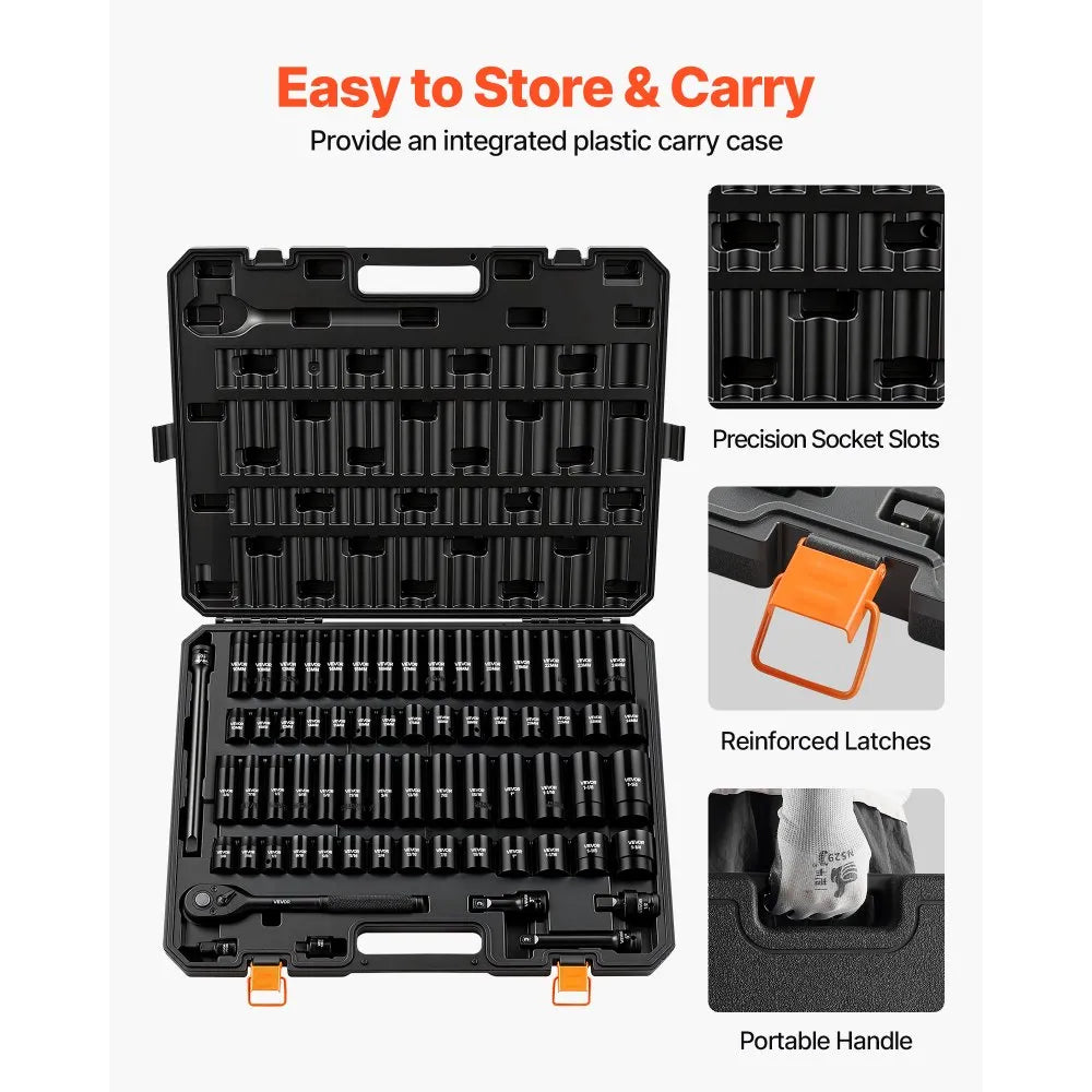 VEVOR 65-Piece 1/2" Drive Impact Socket Set, SAE & Metric 6-Point Sockets with Storage Case