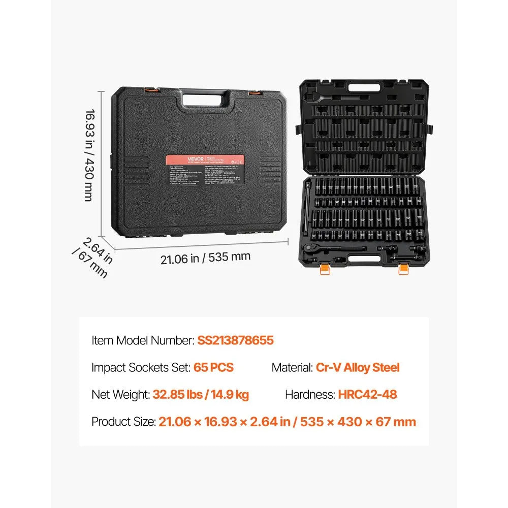 VEVOR 65-Piece 1/2" Drive Impact Socket Set, SAE & Metric 6-Point Sockets with Storage Case